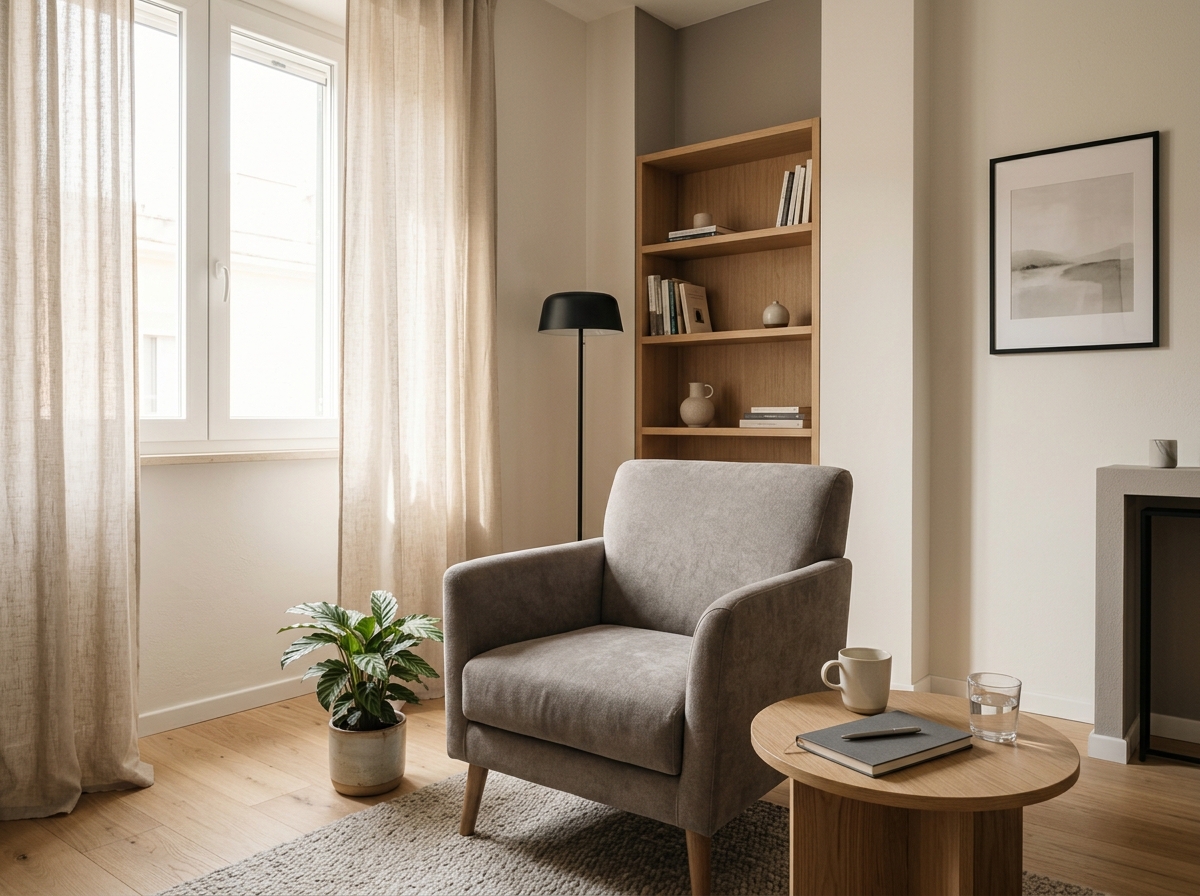 Interno di uno studio di psicologia, senza persone, luce naturale e atmosfera discreta